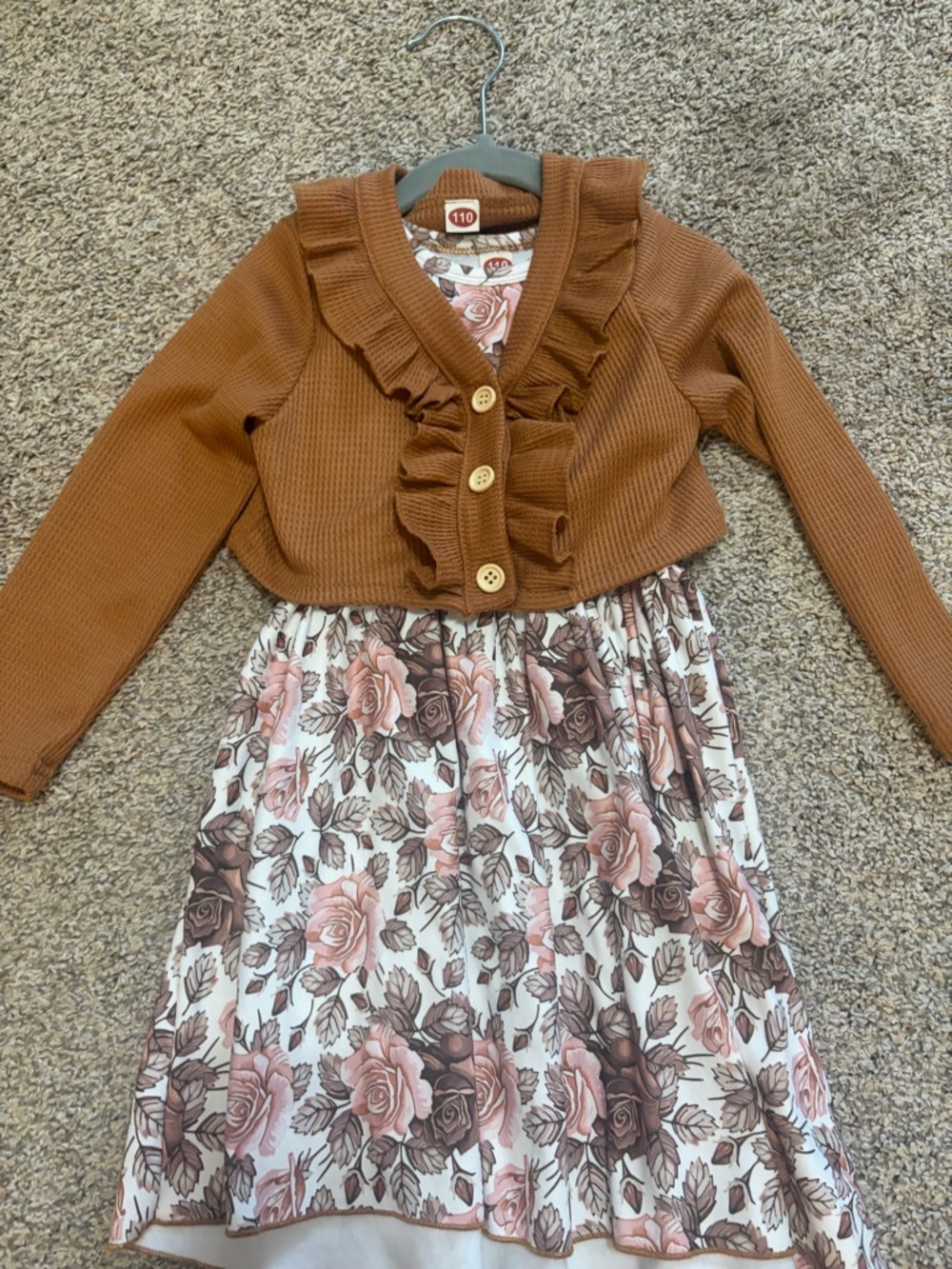 Girls Brown Ruffle Cardigan with Pink Floral Dress